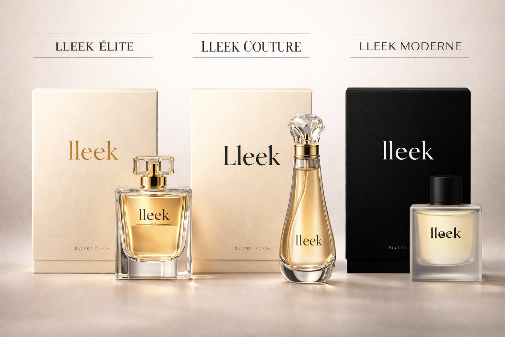 Lleek perfume bottles and packaging on a light background